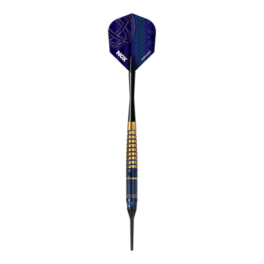 Harrows Nox Premium Brass Softdarts. Gezeigt wird ein Softdart-Set aus der Nox Premium Brass Serie von Harrows.