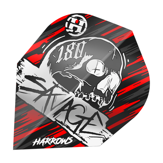 Harrow's Savage Red Silver No6 Flights Das Bild zeigt ein Dartflight mit einem Totenkopf-Design und der Aufschrift "SAVAGE" sowie "180". Die Farben sind hauptsächlich rot, schwarz und silber, und unten steht das Logo "Harrows".