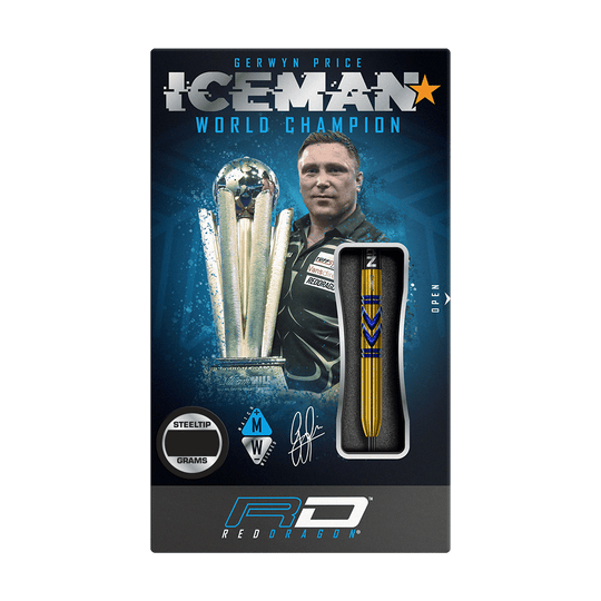 Die Verpackung zeigt die "Red Dragon Gerwyn Price Avalanche Gold Softdarts - 20g". Auf der Vorderseite sind das Dart-Design, ein Bild von Gerwyn Price und der Schriftzug "ICEMAN World Champion" zu sehen.