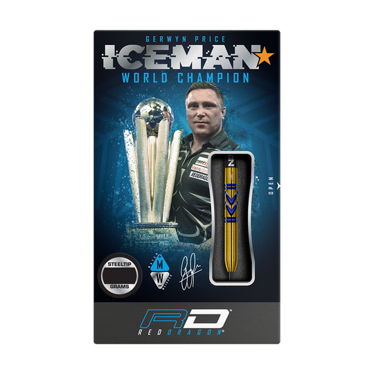 RD2546_Red_Dragon_Gerwyn_Price_Avalanche_Gold_Softdarts_34n7jsSUdfPMsj Die Verpackung zeigt die "Red Dragon Gerwyn Price Avalanche Gold Softdarts - 20g". Auf der Vorderseite sind das Dart-Design, ein Bild von Gerwyn Price und der Schriftzug "ICEMAN World Champion" zu sehen.