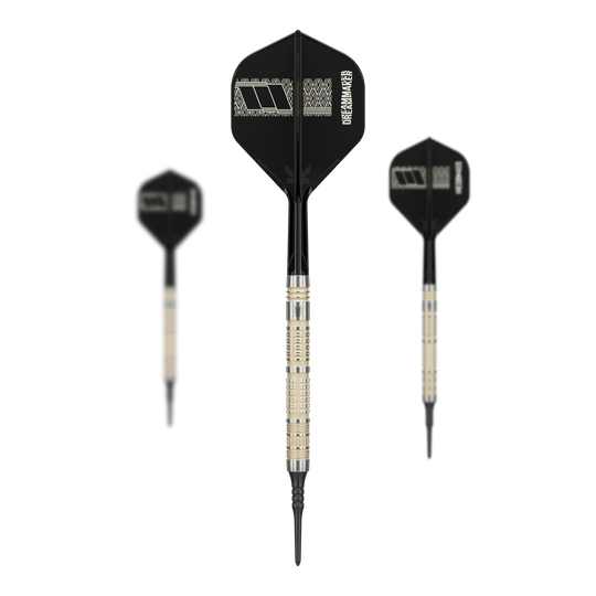 Gezeigt wird ein Set der Target Dimitri Van Den Bergh 95K Softdarts mit 19 Gramm. Das Set ist optimal für professionelle Dartanwendungen.