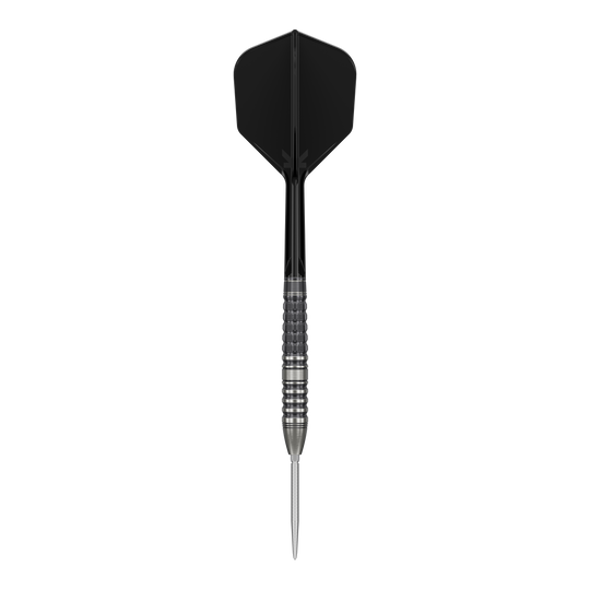 Target Japan Black Marque Lumiere GEN3 steel darts Das Bild zeigt einen Target Japan Black Marque Lumiere GEN3 Steeldart. Der Dartpfeil hat eine schwarze Flights und einen silbernen, geriffelten Barrel.