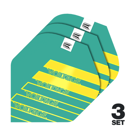 Target Pro Ultra Rob Cross Aqua No2 Standard Flights - 3 sets Das Bild zeigt drei Sets der Target Pro Ultra Rob Cross Aqua No2 Standard Flights. Die Flights sind türkis mit gelben Streifen und dem Schriftzug "VOLTAGE".