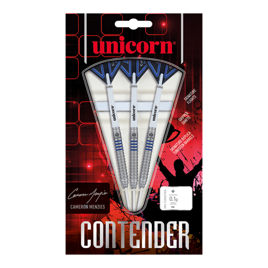 Unicorn Contender Camerion Menzies Steel Darts - 23g Das Bild zeigt eine Packung Unicorn Contender Camerion Menzies Steeldarts mit einem Gewicht von 23g. In der Verpackung befinden sich drei silberne Darts mit blauen Akzenten.