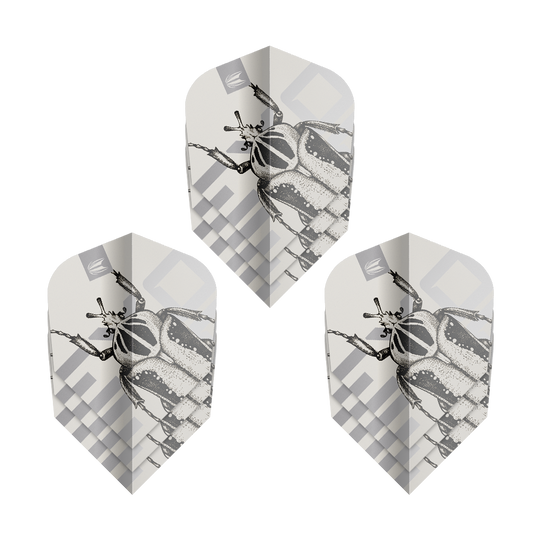 Das Bild zeigt drei Sätze der Target Pro Ultra Exo 2.0 Ten-X Flights. Auf den Flights ist ein detailreiches Käfermotiv in Schwarz-Weiß abgebildet.