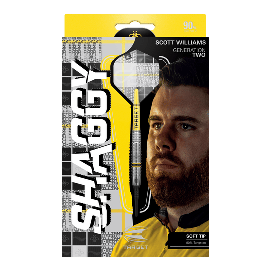 Target Scott Williams GEN2 soft darts - 18g Das Bild zeigt die Verpackung der "Target Scott Williams GEN2 Softdarts - 18g". Auf der Vorderseite sind ein Dartpfeil, das Gesicht von Scott Williams und der Schriftzug "SHAGGY" prominent zu sehen.