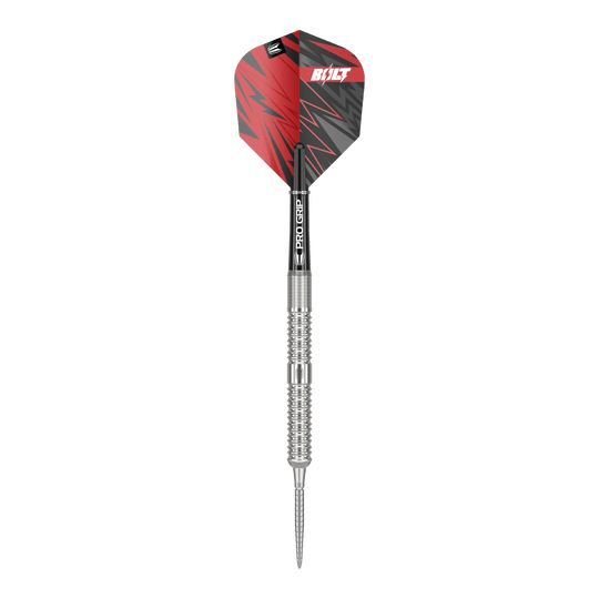 Dies ist ein Steeldart namens „Target Sebastian Bialecki GEN1 Swiss Point“ mit einem Gewicht von 22 Gramm. Der Dart hat eine silberne Spitze und Schaft, sowie ein rotes und schwarzes Flight-Design.