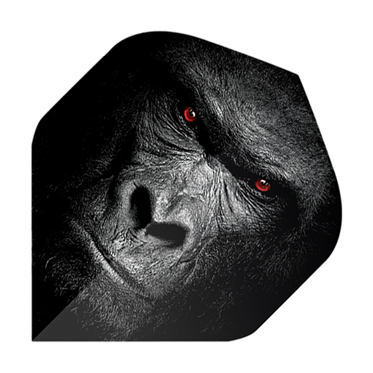 Pentathlon Flights Gorilla Das Bild zeigt ein Dart-Flight mit dem Gesicht eines Gorillas. Die Augen des Gorillas leuchten rot und der Hintergrund ist dunkel gehalten.