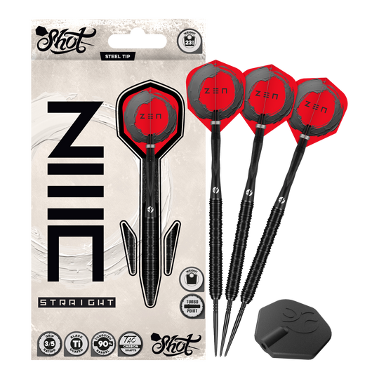 Shot ZEN Straight Turbo Point Steel Darts - 23g Das Bild zeigt Shot ZEN Straight Turbo Point Steeldarts - 23g in voller Länge. Die Steeldarts werden vollständig dargestellt.