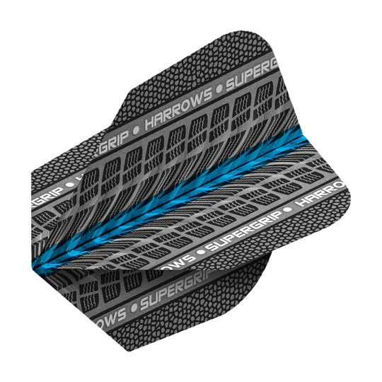 HR75_Harrows_Supergrip_Blau_No6_Flights_2 Das Bild zeigt das Produkt "Harrows Supergrip Blau No6 Flights". Es handelt sich um ein Dart-Flügel-Design in Grau mit blauen und weißen Akzenten.