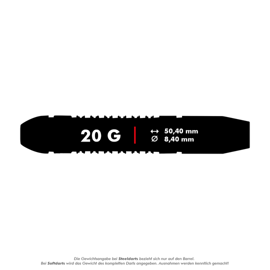 Unicorn Top Brass V1 Steeldarts - 20g Das Bild zeigt die Produktangaben für den "Unicorn Top Brass V1 Steeldarts - 20g". Es hat ein Gewicht von 20 Gramm, eine Länge von 50,40 mm und einen Durchmesser von 8,40 mm.