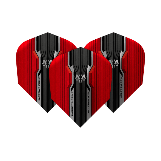 Das Bild zeigt drei Harrows Prime Wolfram Infinity No2 Standard Flights. Sie sind rot und schwarz mit einem modernen, kantigen Design.