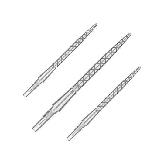 Target Swiss Storm Diamond Point Dart Tips - Silver Auf dem Bild sind drei silberne Dartspitzen mit einem rautenförmigen Muster zu sehen. Sie sind lang und schmal und liegen nebeneinander auf einem neutralen Hintergrund.