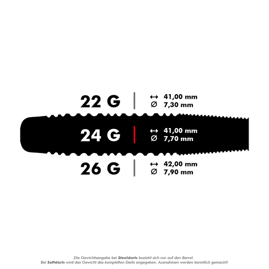 Auf dem Bild werden die Maße und Gewichte von drei verschiedenen Steeldarts gezeigt: 22g, 24g und 26g. Für jede Gewichtsklasse sind die Länge und der Durchmesser des Barrels in Millimetern angegeben.