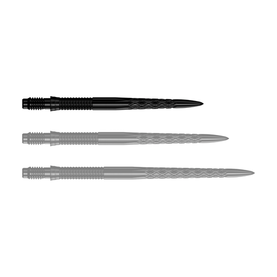 Mission R2.5 Rapid Point DSX Dart Tips - Black Das Bild zeigt eine Reihe von schwarzen Dartspitzen mit der Bezeichnung 30mm. Die Spitze ist für den Einsatz in Darts geeignet.