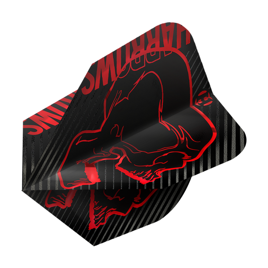 Harrows Rage Red No6 Flights Das Bild zeigt das Produkt "Harrows Rage Red No6 Flights". Die Flights sind schwarz mit roten Grafiken und Streifen verziert.
