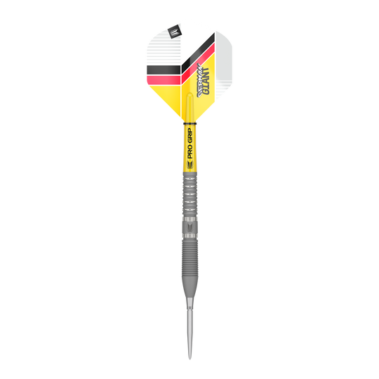 Target Gabriel Clemens GEN2 Swiss Point steel darts Das Bild zeigt einen Target Gabriel Clemens GEN2 Swiss Point Steeldart. Der Dart hat eine silberne Spitze und Schaft sowie gelbe, schwarze und rote Akzente auf dem Flight.