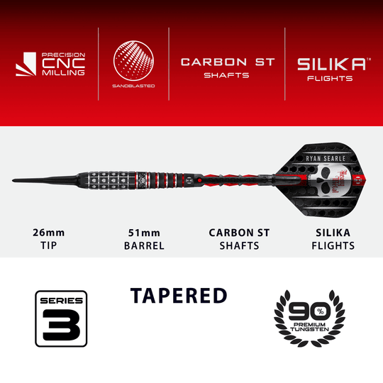 Das Bild zeigt die Harrows Ryan Searle Series 3 Softdarts. Diese Dartpfeile sind für den Softdartbereich konzipiert.