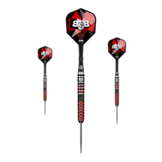 Shot Michael Smith Defiant Steeldarts Auf dem Bild sind drei Steeldarts des Modells "Shot Michael Smith Defiant" zu sehen. Die Darts haben ein auffälliges schwarzes und rotes Design mit silbernen Spitzen.