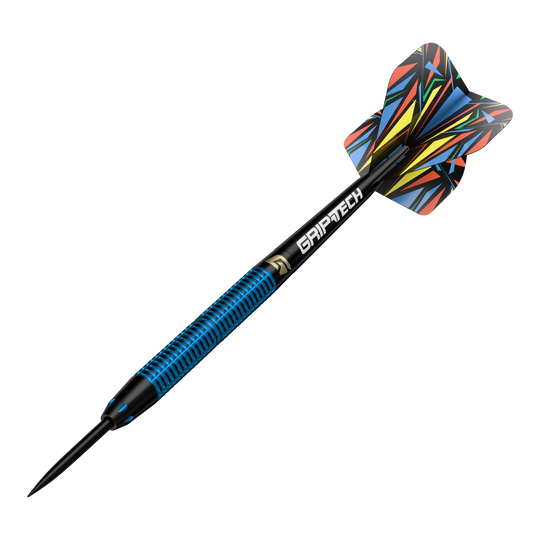 GOAT Athlete Blue Brass Steeldarts - 12g Dies ist der GOAT Athlete Blue Brass Steeldart mit einem Gewicht von 12g. Er hat ein auffälliges, bunt gemustertes Flight und einen blau-schwarzen Schaft mit der Aufschrift "GRIPTECH".