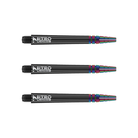 C608_Nitro_Ionic_Medium_Black_Shafts Das Bild zeigt drei schwarze RedDragon Nitrotech Ionic Shafts, die nebeneinander angeordnet sind. Am vorderen Ende der Shafts sind bunte, metallicfarbene Akzente zu sehen.