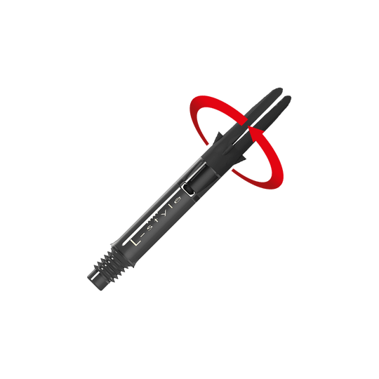 L-L-Style-Shaft Carbon Silent Straight - Schwarz Auf dem Bild ist ein schwarzer Dartshaft aus Carbon der Marke L-Style zu sehen. Am oberen Ende ist eine rote Pfeilmarkierung, die eine Drehbewegung anzeigt.
