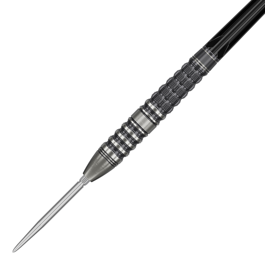 Target Japan Black Marque Lumiere GEN3 steel darts Das Bild zeigt den Target Japan Black Marque Lumiere GEN3 Steeldart. Der Dart hat ein silbernes, fein strukturiertes Barrel mit schwarzen Akzenten und einer scharfen Spitze.