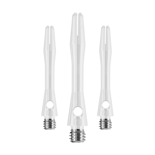 Das Bild zeigt drei weiße Harrows Keramic Shafts für Darts. Sie haben einen glänzenden Metallgewinde am unteren Ende.