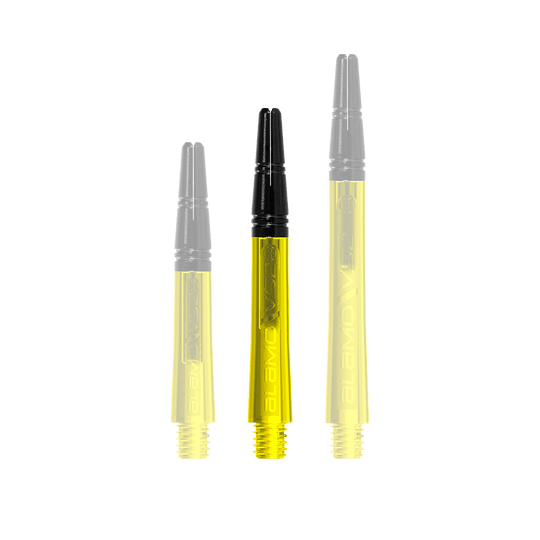 Harrow's Alamo VS2 Shafts - Yellow Auf dem Bild sind drei gelbe Dartschäfte mit schwarzem Kopf zu sehen. Sie stehen nebeneinander und haben unterschiedliche Längen.
