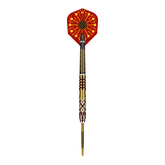 Abgebildet ist ein Set der Shot Goths Alaric Turbo Point Steeldarts mit 23g Gewicht. Die Steeldarts werden für professionelle Dartspieler empfohlen.