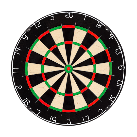 NPQ Steeldartboard Das Bild zeigt eine klassische Dartscheibe mit schwarzen, weißen, roten und grünen Feldern. Es handelt sich um das Produkt „NPQ Steeldartboard“.