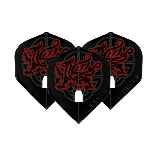 L-Style Jim Williams V2 L1PRO Flights Das Bild zeigt drei schwarze Dart-Flights mit einem roten, stilisierten Löwen-Design. Unten auf den Flights steht der Schriftzug "L-Style".
