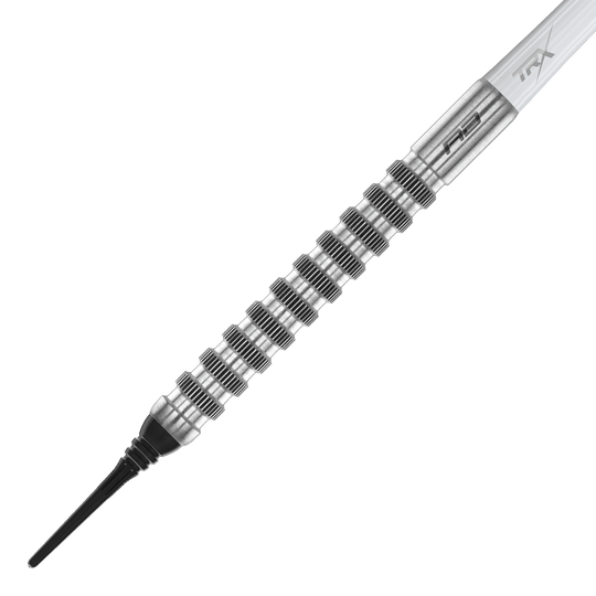 Red Dragon Javelin Speedline Soft Darts - 20g Das Bild zeigt einen Red Dragon Javelin Speedline Softdart mit einem Gewicht von 20g. Der Dart hat ein silbernes, geriffeltes Barrel und eine schwarze Softspitze.