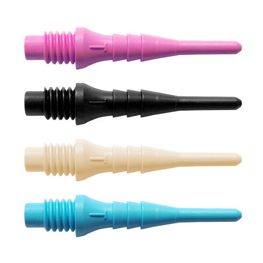 Bulls_Tefo-X_Softdartspitzen_-bersicht_1 Das Bild zeigt vier verschiedene Bulls Tefo-X Shark Points in den Farben Rosa, Schwarz, Weiß und Blau. Diese Spitzen sind Ersatzteile für Softdarts und kommen im 100er Pack.