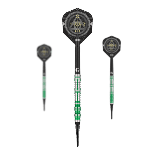 Shot Alchemy Mythril Soft Darts - 20g Das Bild zeigt ein Set der Shot Alchemy Mythril Softdarts - 20g. Auf dem Foto sind alle enthaltenen Darts abgebildet.