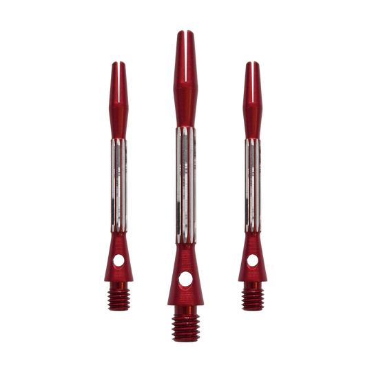 Die Bulls NL Flash 2 Aluminium Shafts in Rot werden hier als Set gezeigt. Sie sind 46 mm lang und aus Aluminium gefertigt.