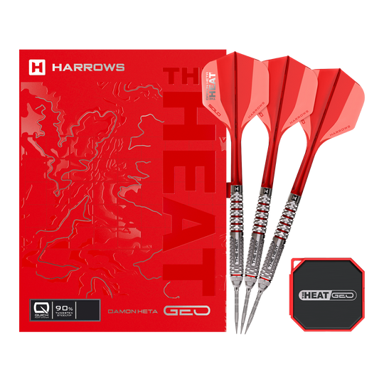 Harrows Damon Heta Geo Quick Point Steeldarts Zu sehen ist ein Steeldartpfeil mit markanter Gravur und glänzender Spitze. Der Pfeil wird einzeln präsentiert.
