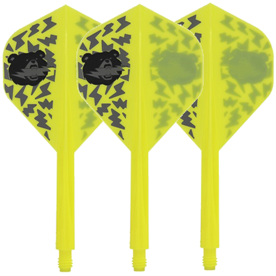 Condor Axe Black Bear Miyu Miyawaki Flight-Shaft Yellow - Standard Das Bild zeigt drei gelbe Dartflights mit schwarzem Bärenmotiv und Blitzmustern. Die Flights gehören zum Produkt „Condor Axe Black Bear Miyu Miyawaki Flight-Shaft Yellow – Standard“.