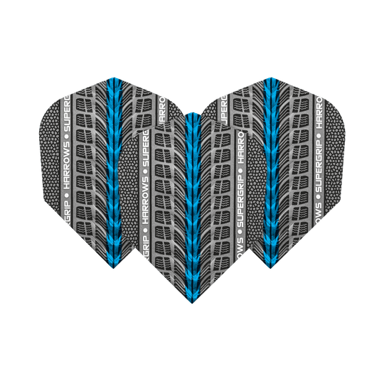 HR75_Harrows_Supergrip_Blau_No6_Flights_1JhGJkScJpDoxl Das Bild zeigt drei Harrows Supergrip Blau No6 Flights für Dartpfeile. Das Design ist grau mit blauen und schwarzen Akzenten sowie dem Schriftzug "Harrows Supergrip".