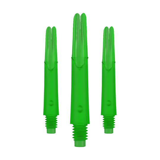 L-L-Style-Shafts Locked Straight - Green Auf dem Bild sind drei gerade, grüne Dartschäfte ohne Kappen zu sehen. Sie sind durchsichtig und haben am unteren Ende ein Gewinde.