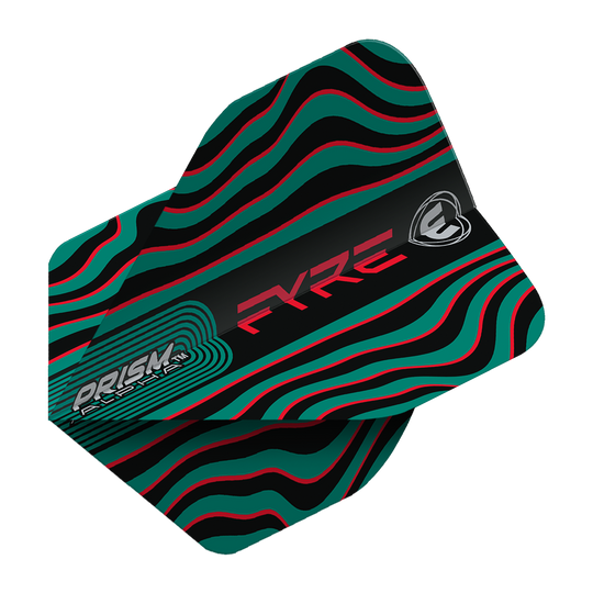 Das Bild zeigt das Produkt "Winmau Prism Alpha Fyre BlackTurquoiseRed Standard Flights". Das Design ist schwarz mit welligen türkisfarbenen und roten Linien sowie auffälliger Aufschrift.