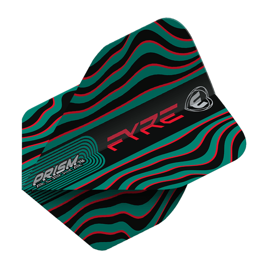 6915-708_Winmau_Prism_Alpha_Fyre_BlackTurquoiseRed_Standard_Flights_2ikImxpb4wmDxY Das Bild zeigt das Produkt "Winmau Prism Alpha Fyre BlackTurquoiseRed Standard Flights". Das Design ist schwarz mit welligen türkisfarbenen und roten Linien sowie auffälliger Aufschrift.