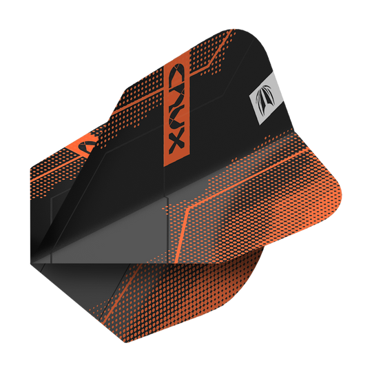 Das Bild zeigt einen schwarzen Dartflight mit orangefarbenen Akzenten und dem Schriftzug "CRUX". Das Produkt heißt "Target Pro Ultra Crux No6 Flights - 3 Sets".