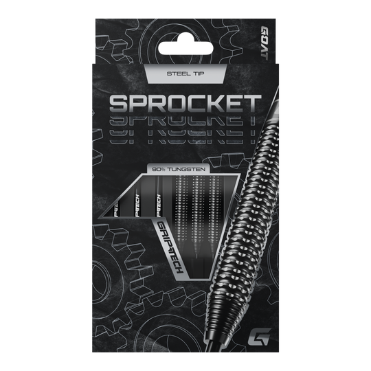 GOAT Sprocket Tungsten Steel Darts Die Abbildung zeigt die Verpackung der GOAT Sprocket Tungsten Steeldarts. Auf der Packung sind die Eigenschaften wie "Steel Tip" und "90% Tungsten" deutlich hervorgehoben.