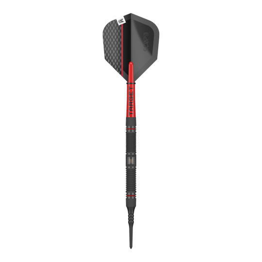 Target Scope 10 Soft Darts Das Bild zeigt einen Target Scope 10 Softdart. Der Dartpfeil hat ein schwarzes und rotes Design mit einer strukturierten Spitze und einer schwarzen Flight.