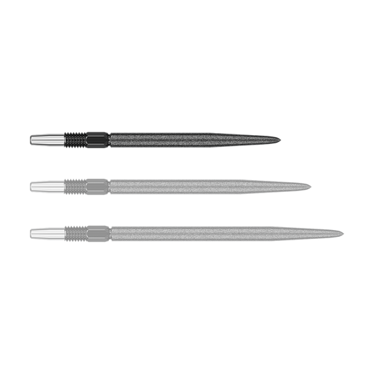Target Swiss Point SLK dart tips - Black Auf dem Bild sind drei schwarze Dartspitzen mit silberfarbenem Gewinde zu sehen. Sie liegen nebeneinander auf weißem Hintergrund.