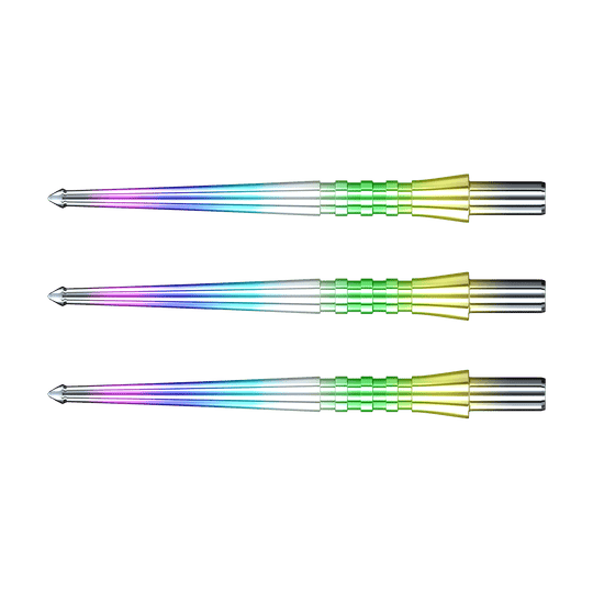 Das Bild zeigt drei bunte Dartspitzen des Produkts „RedDragon Raptor GT Rainbow Points Spitzen“. Sie haben einen metallischen Glanz und leuchten in verschiedenen Regenbogenfarben.
