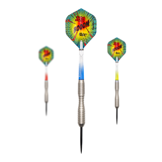 Karella Comic Line CL-3 steel darts - 24g Dieses Bild zeigt ein Set der Karella Comic Line CL-3 Steeldarts mit 24 Gramm Gewicht. Das Set eignet sich ideal für Präzisionswürfe.
