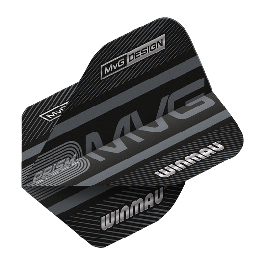6915-187_Winmau_Prism_Alpha_MvG_Standard_Flights_2 Das Bild zeigt die Winmau Prism Alpha MvG Standard Flights für Dartpfeile. Die Flights sind schwarz mit silbernen Schriftzügen und modernen Designelementen versehen.