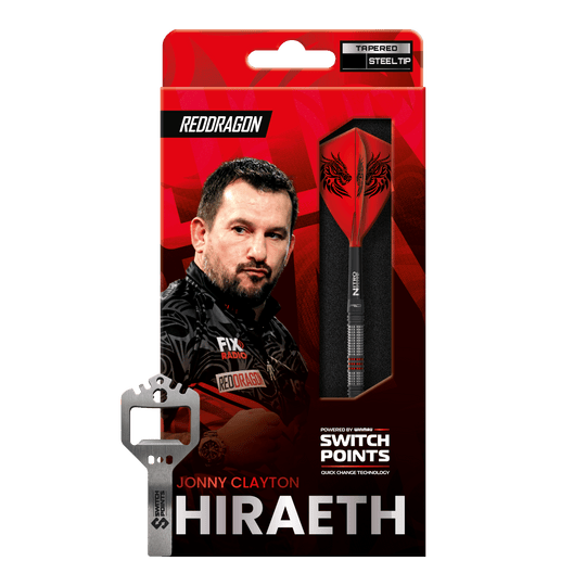 Red Dragon Jonny Clayton Hireath Switch Point Steeldarts sind abgebildet. Die Darts zeichnen sich durch ihr elegantes Design und hochwertige Verarbeitung aus.